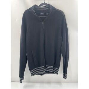 IZOD Mens Full Zip Sweater Black Grey Striped Trim Cotton Mock Neck XL